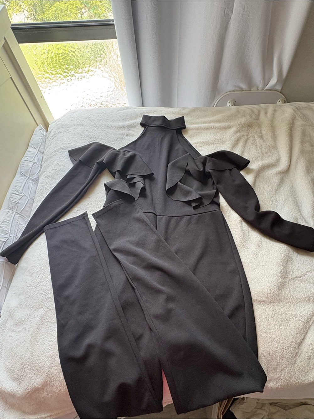 Boohoo Black Ruffle-Trim Long Sleeve Jumpsuit